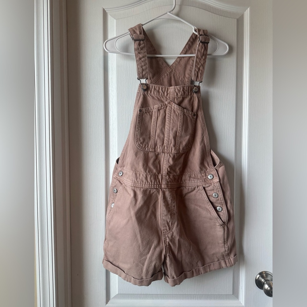 Old Navy bib Overall Jean Shorts Medium Blush Pink Rolled Hem denim